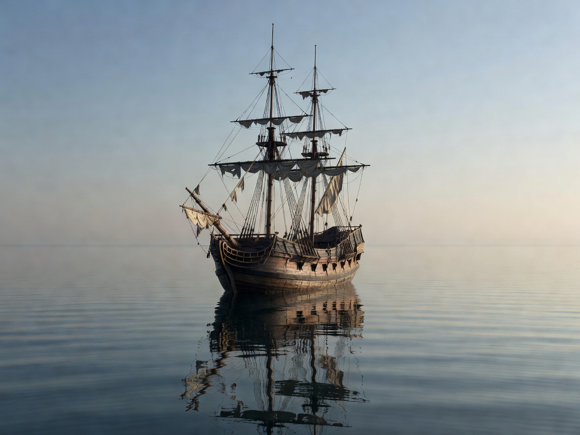 A deserted merchant brigantine adrift in calm oceanic waters