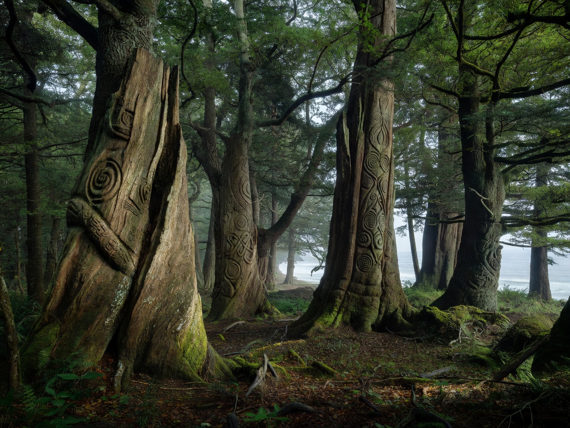 Densely wooded coastal forest with ancient carved tree trunks