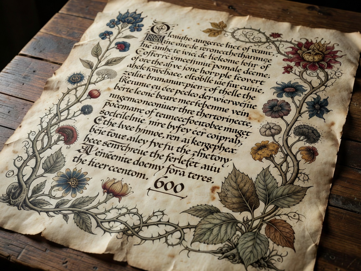 Detailed parchment showing archaic calligraphy and unknown botanical illustrations
