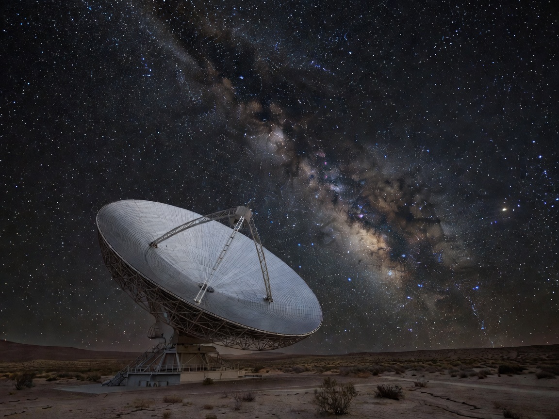 Massive radio observatory dish pointed at an expanse of starry night sky